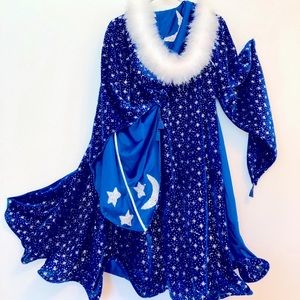 Merlin cape Wizard Harry potter2pc+acc Maribu trimmed hood, moon & stars sz 5/6